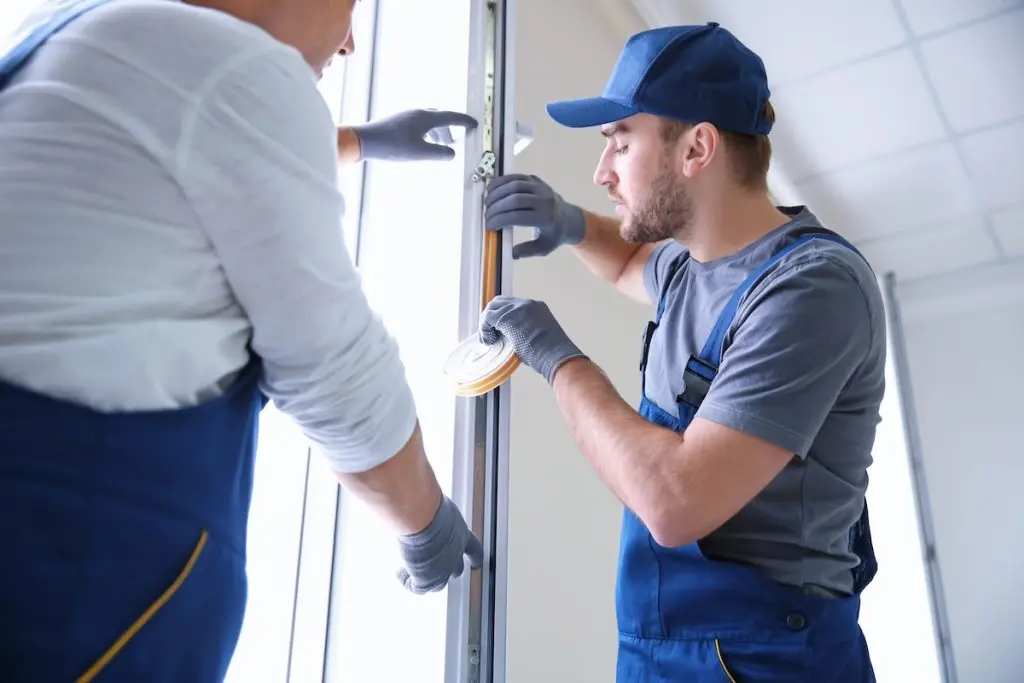 exterior door weatherstripping types Construction worker with trainee installing window in house