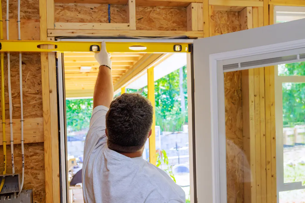 perform a door frame replacement Carpenter using yellow spirit measuring level with during installation of front door of new house