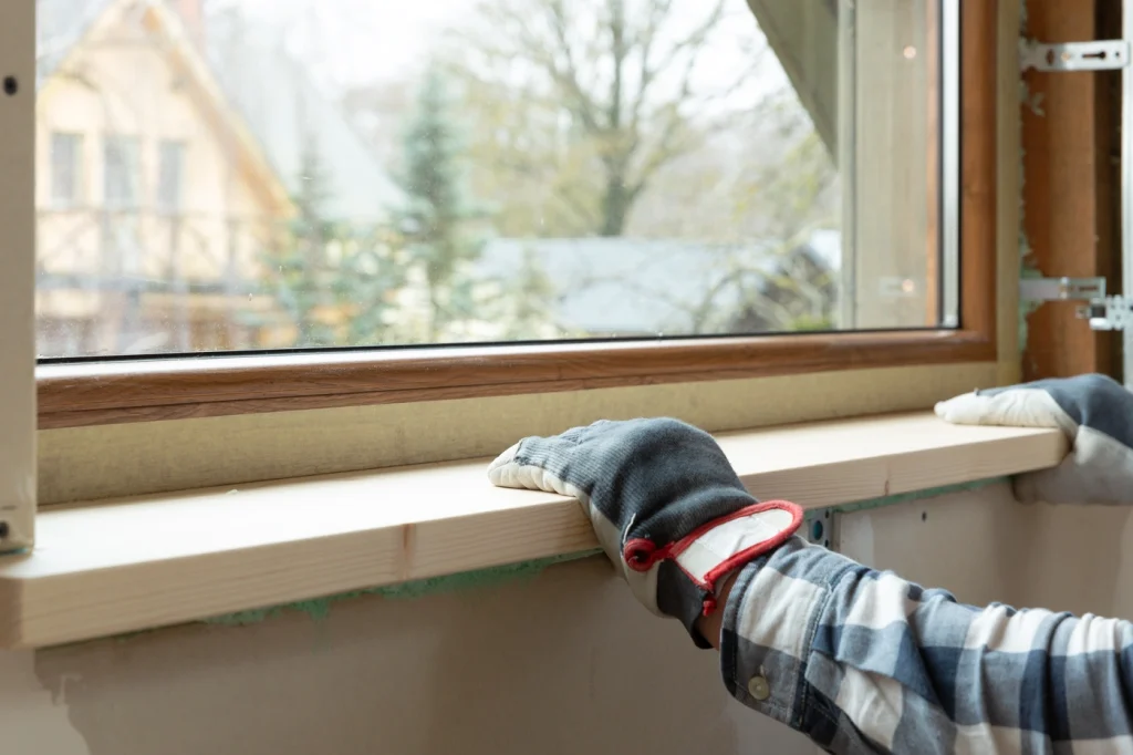 close up of contractor measuring depth of new replacement windows