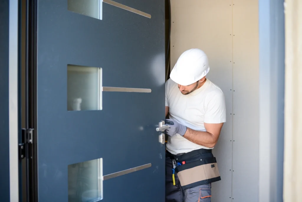 perform a door frame replacement Door installation worker replaced the old one with a new one man installing new house door