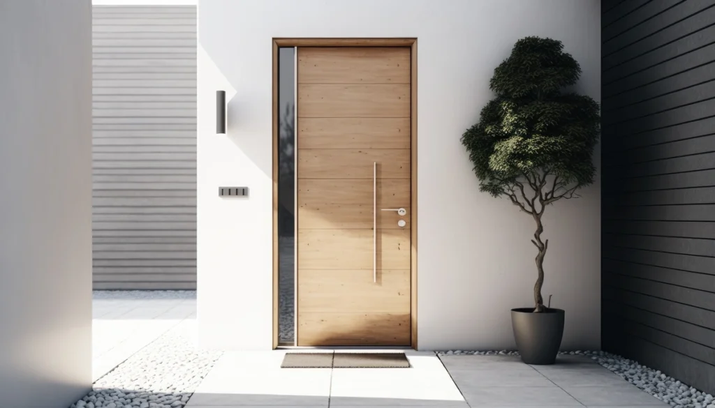 Carpenter using yellow spirit measuring level with during installation of front door of new house home entrance door in modern design