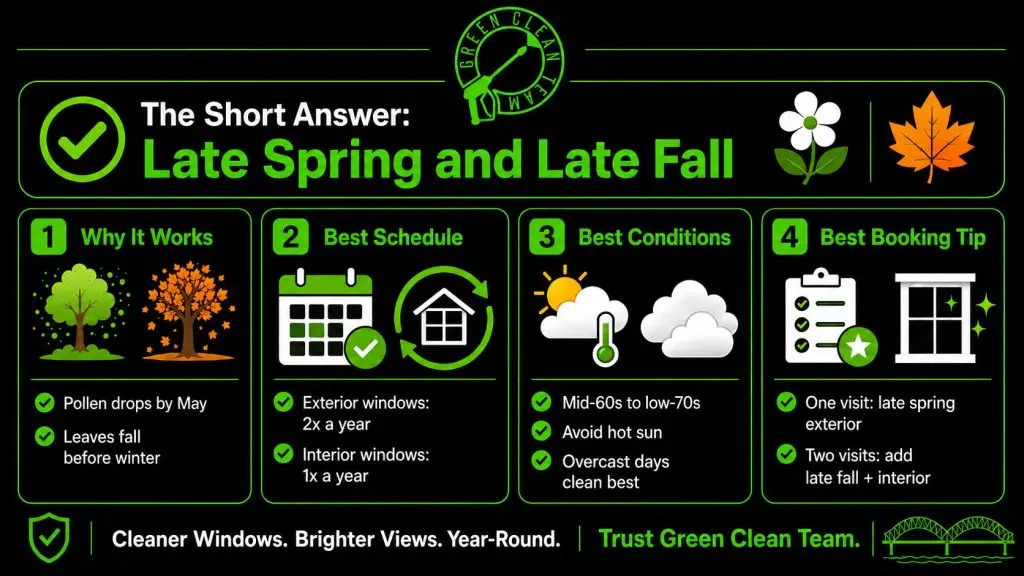 Infographic showing why late spring and late fall are the best times for professional window cleaning in Memphis, TN.