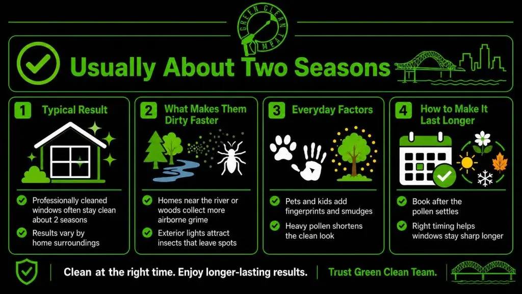 Infographic showing that professionally cleaned windows in Memphis usually stay clean for about two seasons, with factors like river grime, woods, insects, pets, kids, pollen, and timing affecting how long results last.