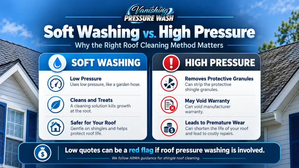 Infographic comparing soft washing and high-pressure roof cleaning, showing how low-pressure cleaning protects shingles while high pressure can remove granules and cause premature roof wear.