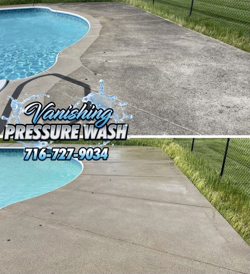 Concrete pool deck cleaning before and after in Amherst, NY