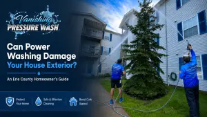 Vanishing Pressure Wash technicians cleaning a house exterior in Erie County with professional pressure washing equipment