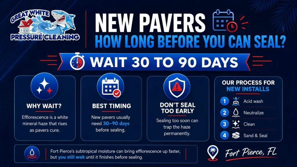 Infographic explaining that new pavers should usually wait 30 to 90 days before sealing so efflorescence can finish rising before the clean, sand, and seal process.