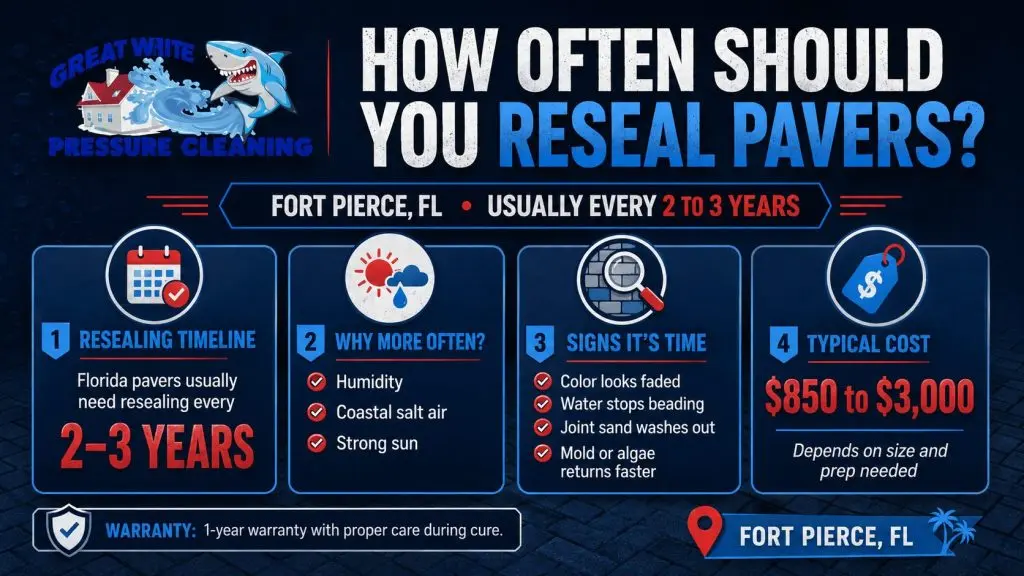 Infographic showing that pavers in Fort Pierce usually need resealing every 2 to 3 years, with signs it is time to reseal, common causes of wear, typical cost range, and warranty info.