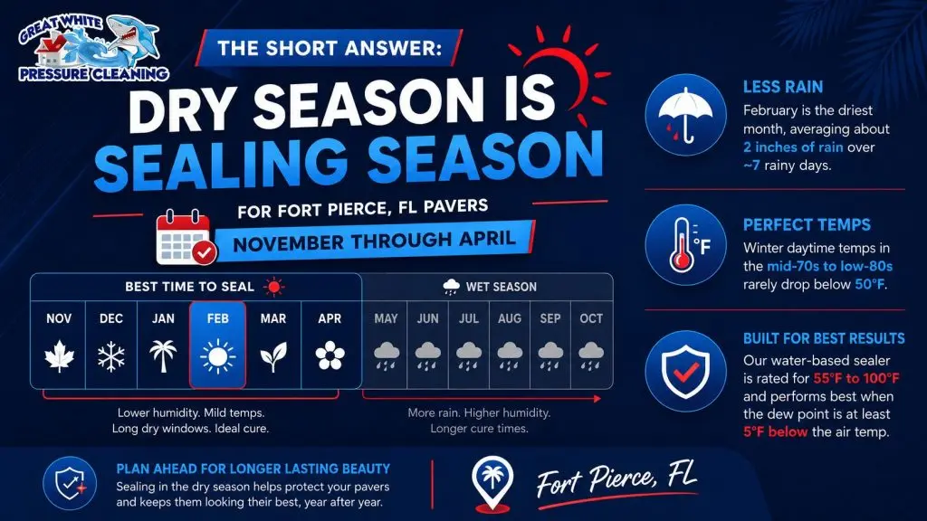 Infographic showing November through April as the best time to seal pavers in Fort Pierce due to lower rain, mild temperatures, and better curing conditions.