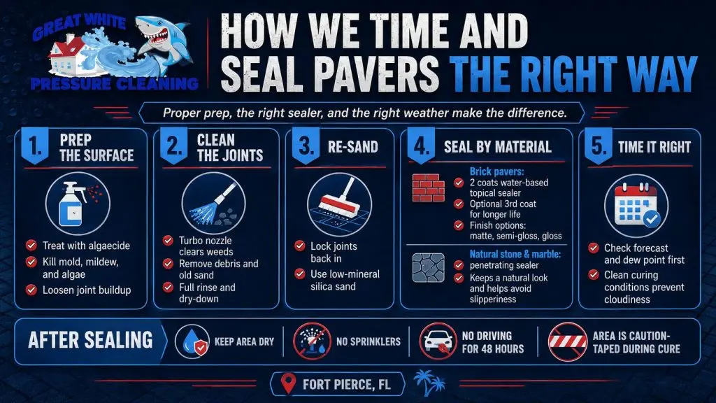 Infographic showing the paver sealing process in Fort Pierce, including prep, joint cleaning, re-sanding, choosing the right sealer by material, timing around weather conditions, and post-sealing cure care.