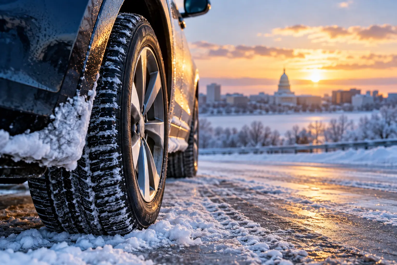 Car tire on a snowy Madison road with the Wisconsin State Capitol at sunrise