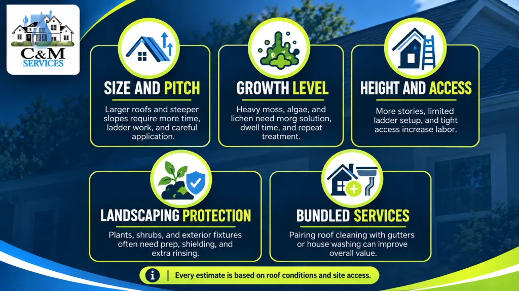 Infographic showing five factors that affect roof cleaning cost including roof size and pitch, growth level, height and access, landscaping protection, and bundled services