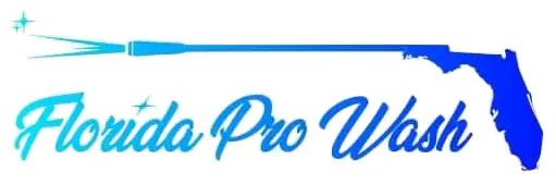 Florida Pro Wash logo featuring a pressure washer nozzle spraying water across the shape of Florida. The logo highlights pressure washing services in Florida.