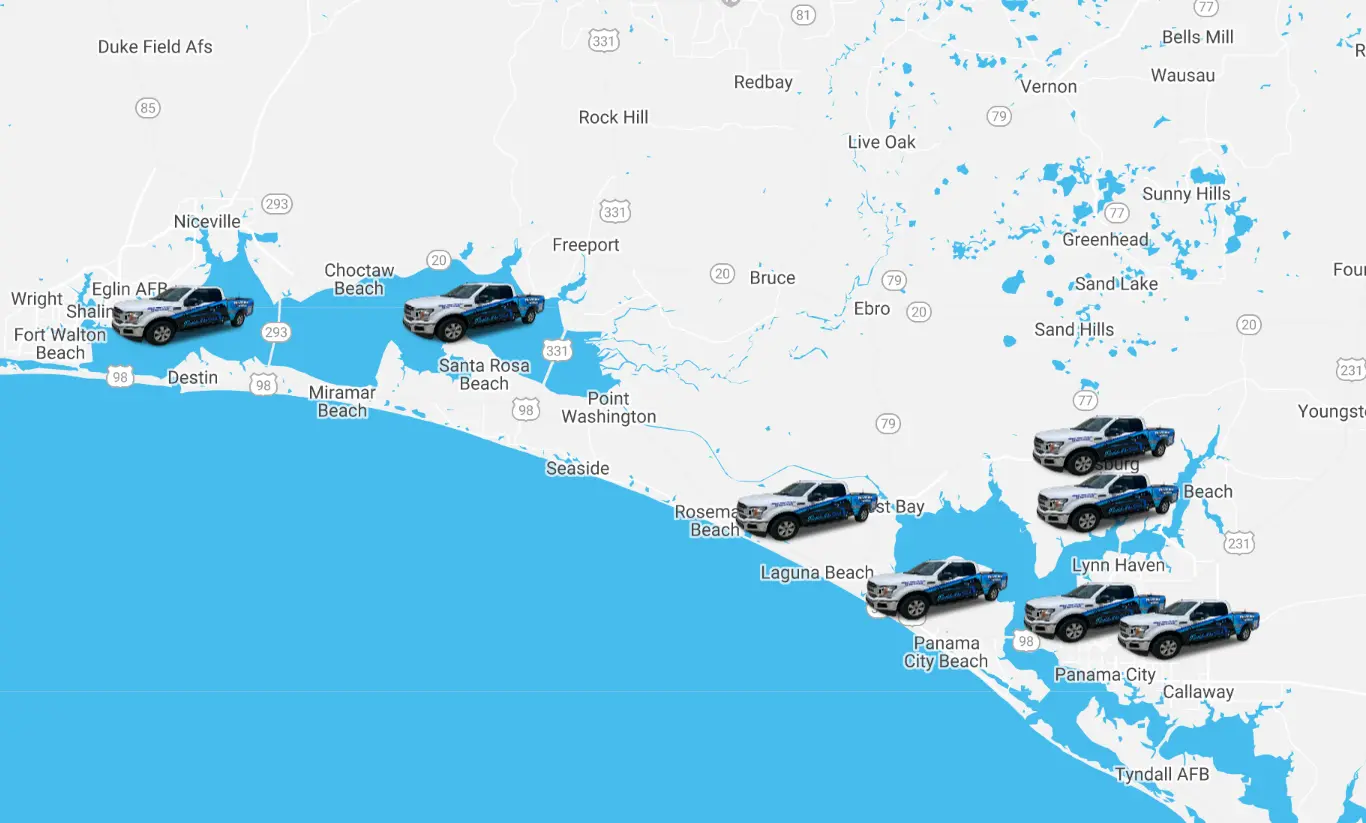 Map of Florida Panhandle beaches with trucks marked at Destin, Choctaw Beach, Santa Rosa Beach, Rosema Beach, Laguna Beach, Panama City Beach, and Lynn Haven, highlighting coastal locations.