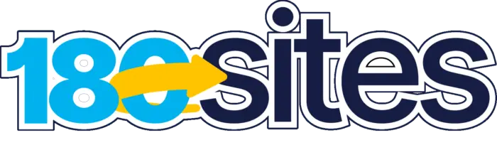 Logo for 180Sites with "180" in light blue, a yellow arrow replacing the zero, and "sites" in dark blue. A white outline surrounds the text.