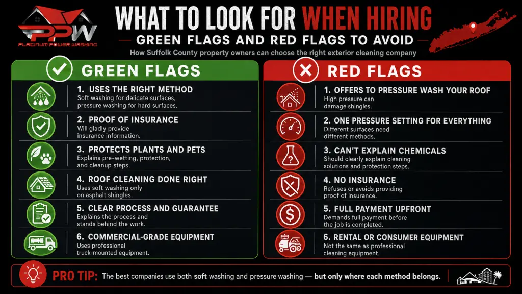 Infographic showing green flags and red flags to look for when hiring a soft washing or pressure washing company in Suffolk County NY