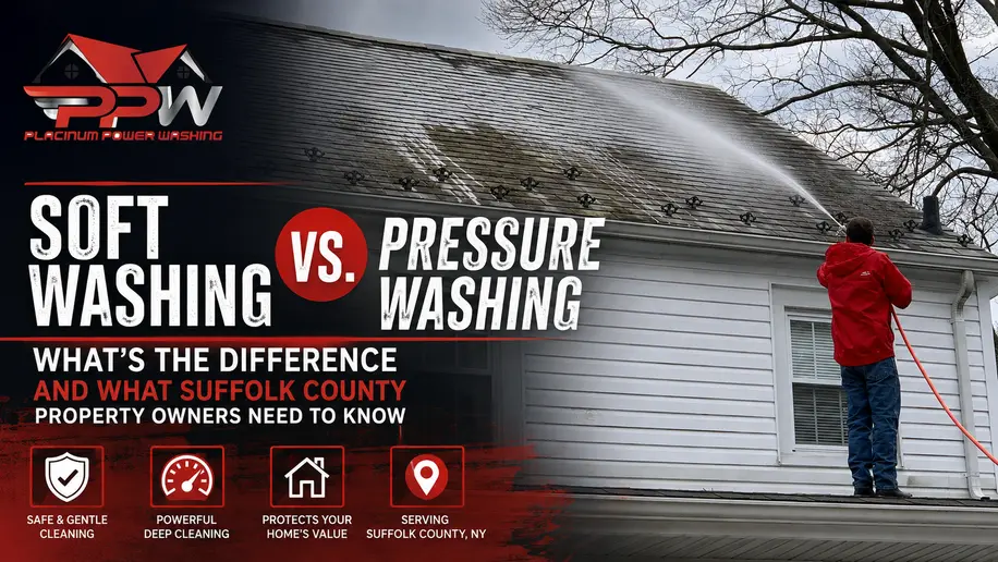 Soft washing vs. pressure washing guide for Suffolk County property owners by Platinum Power Washing