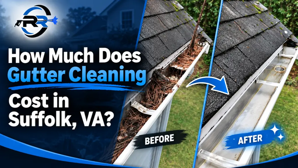 Before-and-after gutter cleaning in Suffolk, VA, showing a debris-filled gutter beside a professionally cleaned gutter.