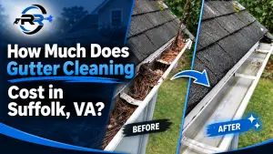 Before-and-after gutter cleaning in Suffolk, VA, showing a debris-filled gutter beside a professionally cleaned gutter.