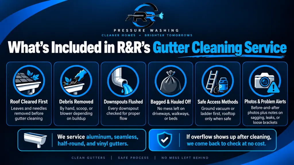 Infographic showing what’s included in R&R’s gutter cleaning service, including roof clearing, debris removal, downspout flushing, cleanup, safe access methods, and before-and-after photo notes.