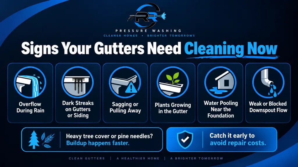 Infographic showing common signs gutters need cleaning, including overflow, dark streaks, sagging gutters, plant growth, pooling water, and blocked downspouts.