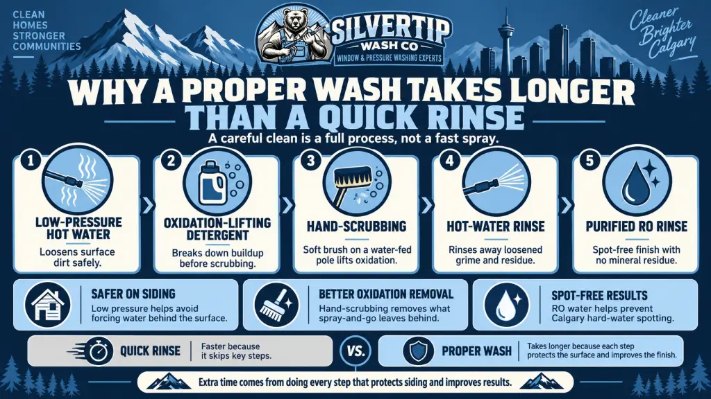 Infographic showing why a proper pressure wash takes longer than a quick rinse, including the five-step process: low-pressure hot water, oxidation-lifting detergent, hand-scrubbing, hot-water rinse, and purified reverse osmosis rinse, plus the benefits of safer siding cleaning, better oxidation removal, and spot-free results.