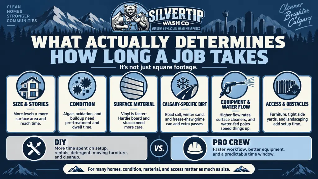 Infographic showing the main factors that affect pressure washing time in Calgary, including size and stories, condition, surface material, Calgary-specific dirt, equipment and water flow, and access obstacles, plus a DIY vs. pro crew comparison.