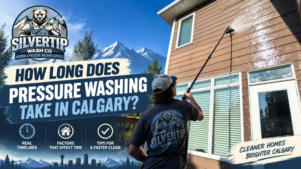 Silvertip Wash Co technician pressure washing a Calgary home with the title “How Long Does Pressure Washing Take in Calgary?