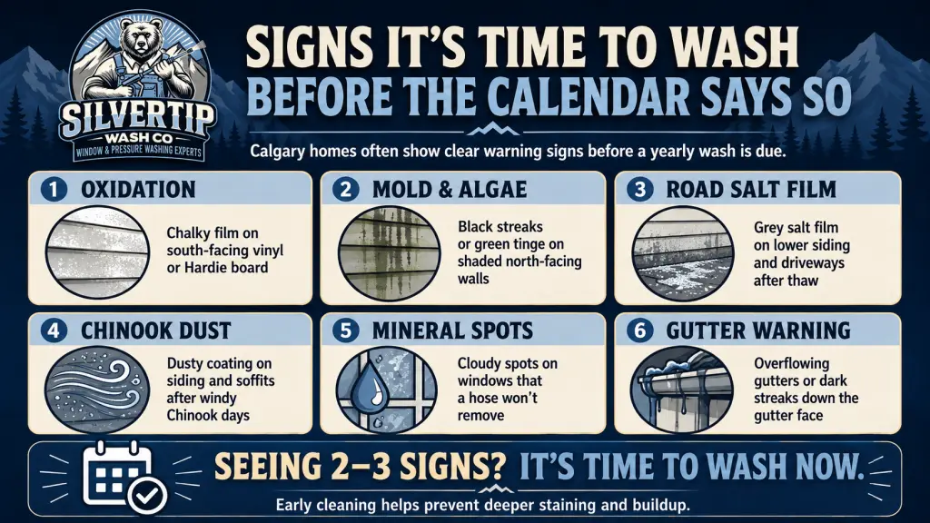 Infographic showing signs it’s time to wash a Calgary home, including oxidation, mold and algae, road salt film, Chinook dust, mineral spots, and gutter streaking