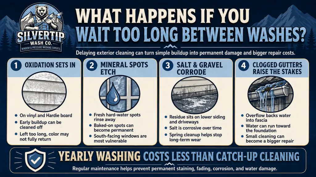 Infographic showing the risks of waiting too long between house washes in Calgary, including oxidation, etched mineral spots, salt and gravel corrosion, and clogged gutters