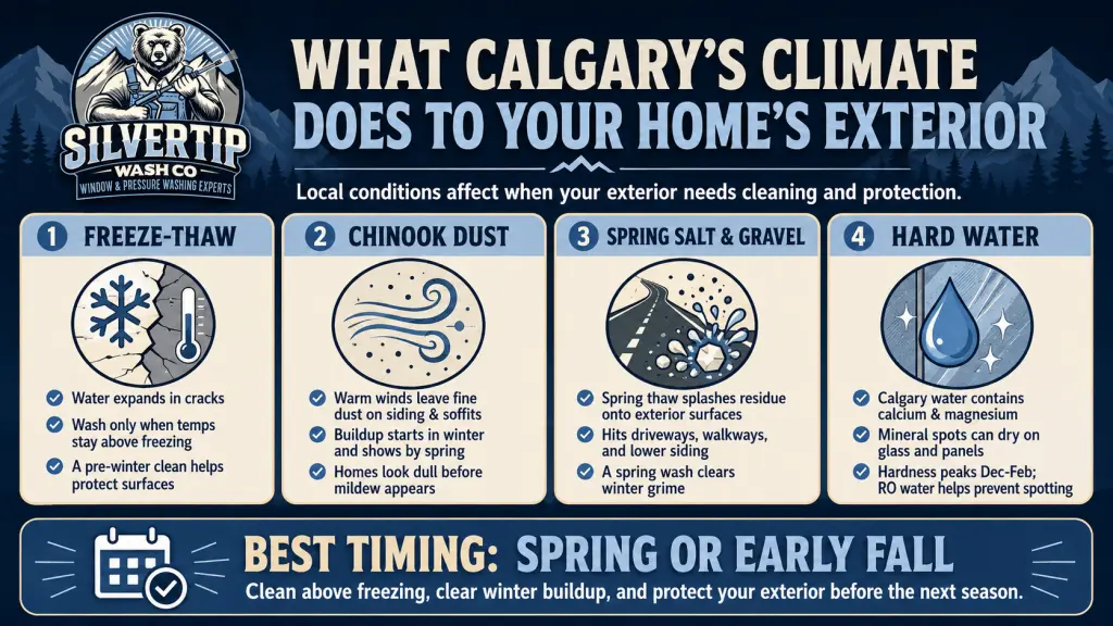 Infographic showing how Calgary’s climate affects home exteriors, including freeze-thaw cycles, Chinook dust, spring salt and gravel, and hard water