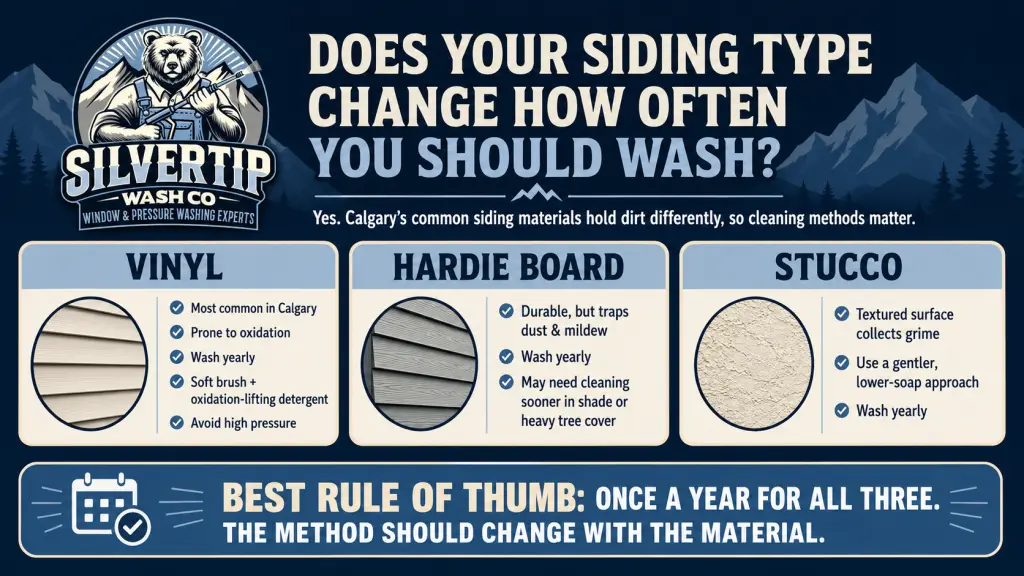 Vinyl, Hardie board, and stucco siding washing frequency and cleaning recommendations for Calgary homes