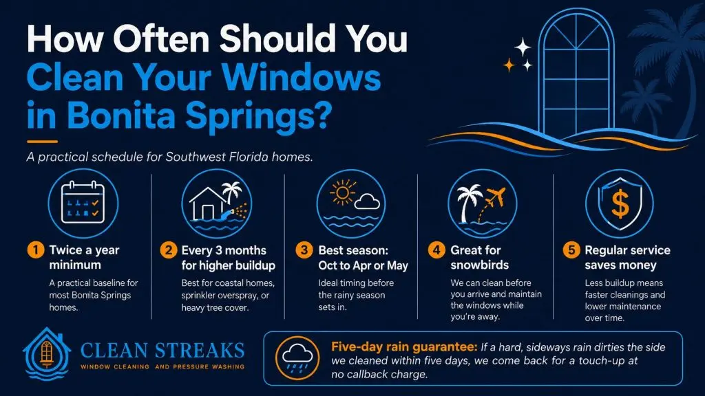 Infographic explaining how often Bonita Springs homeowners should clean their windows, including seasonal timing, quarterly service, snowbird maintenance, and the five-day rain guarantee.