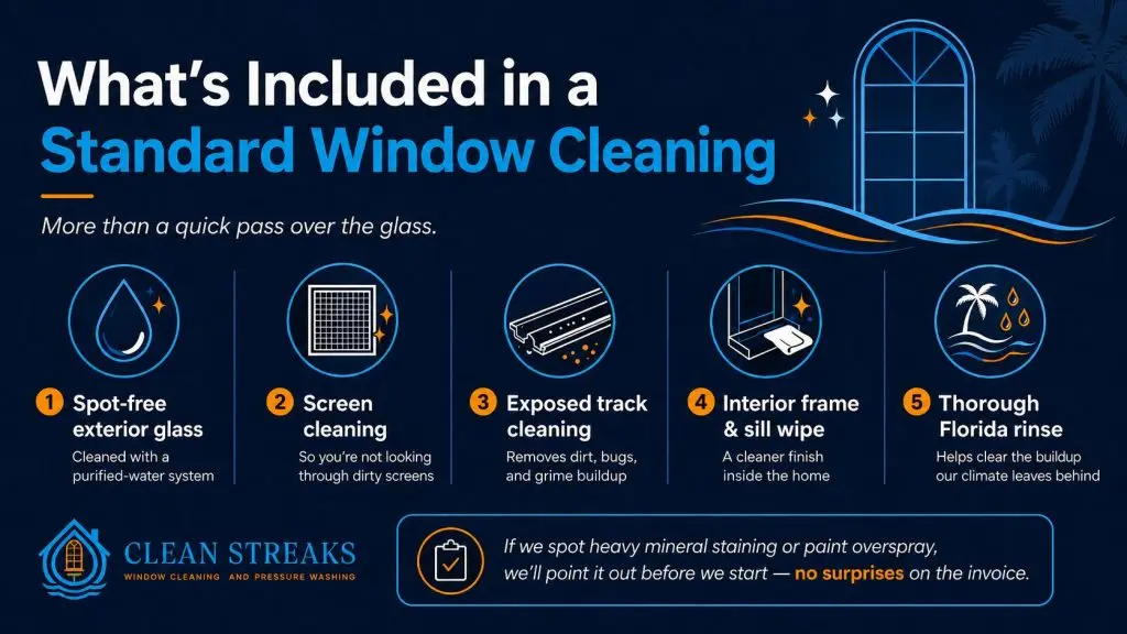 Infographic showing five services included in a standard Clean Streaks window cleaning, including glass, screens, tracks, frames, sills, and rinsing.