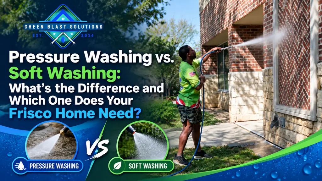 Green Blast Solutions technician washing a brick home with a graphic comparing pressure washing vs. soft washing in Frisco, TX.
