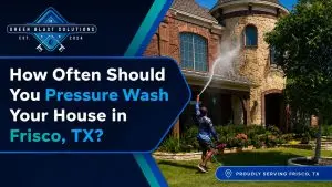 Green Blast Solutions technician pressure washing a brick and stone house in Frisco, TX.