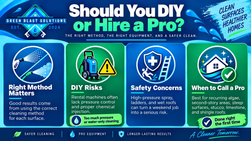 Infographic comparing DIY exterior cleaning and hiring a professional, highlighting the right cleaning method, equipment risks, safety concerns, and when to call a pro.