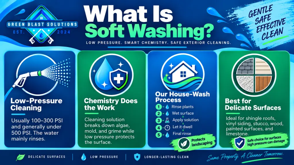 Infographic explaining soft washing, including low-pressure cleaning, chemistry-based cleaning, the house-wash process, and the surfaces soft washing is best for.