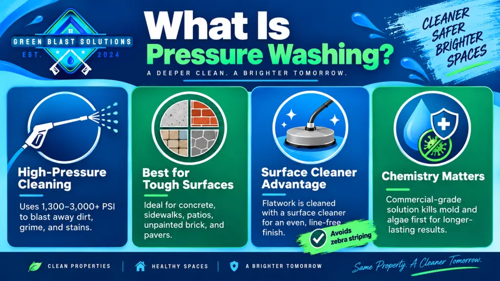 Infographic explaining pressure washing, including high-pressure cleaning, ideal surfaces, surface cleaner benefits, and the role of cleaning solutions.