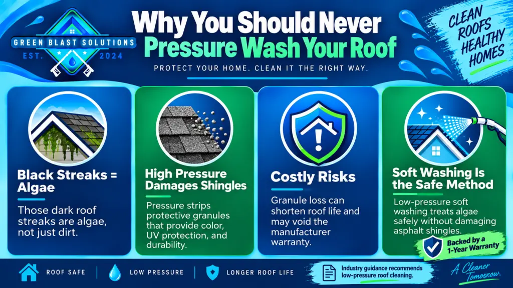 Infographic showing why asphalt shingle roofs should never be pressure washed, including algae streaks, shingle granule damage, warranty risks, and soft washing as the safe alternative.