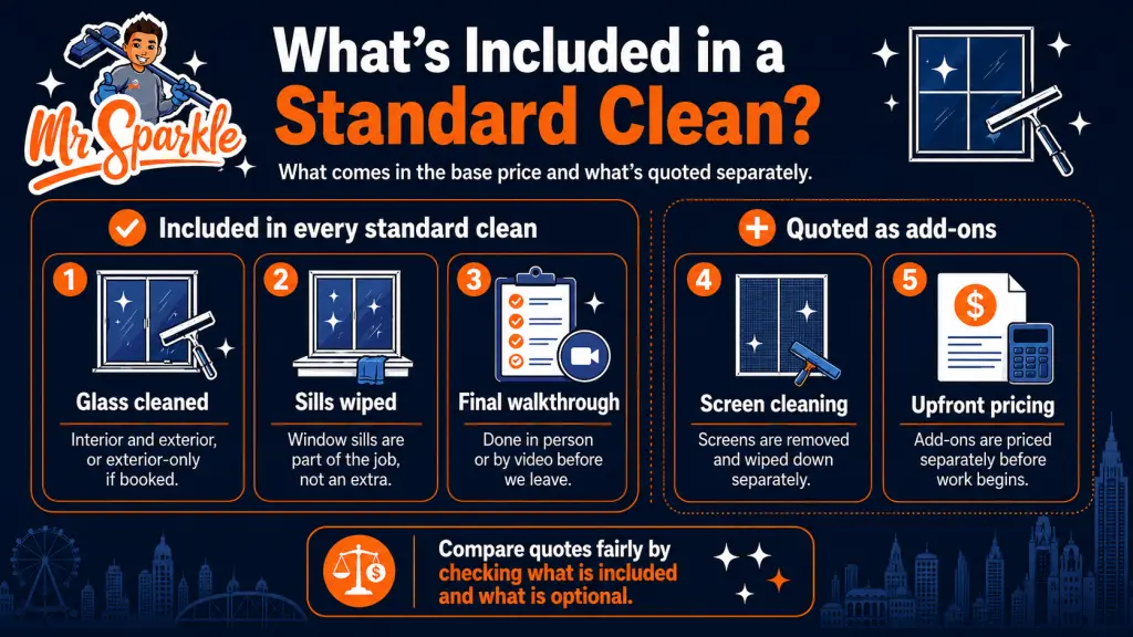 Infographic showing what is included in a standard window cleaning service and what is treated as an add-on, including glass cleaning, sill wiping, final walkthrough, and screen cleaning.