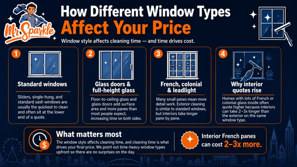 Infographic showing how different window types affect window cleaning price in Melbourne, including standard windows, glass doors, full-height glass, and French or colonial panes.