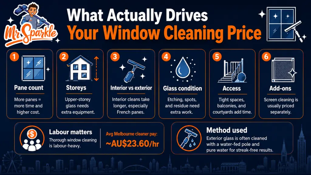 Infographic showing the main factors that affect window cleaning prices in Melbourne, including pane count, storeys, access, glass condition, and add-ons.