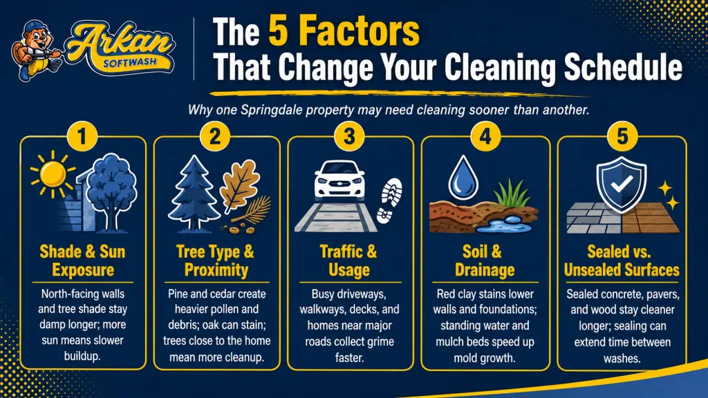 Infographic showing five factors that affect pressure washing frequency in Springdale, including shade, trees, traffic, drainage, and sealed surfaces.