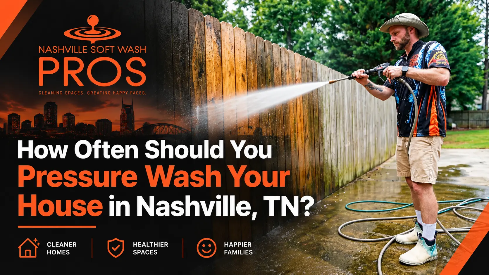 Nashville Soft Wash Pros technician pressure washing a wooden fence in Nashville, TN, with blog title about how often to pressure wash a house.