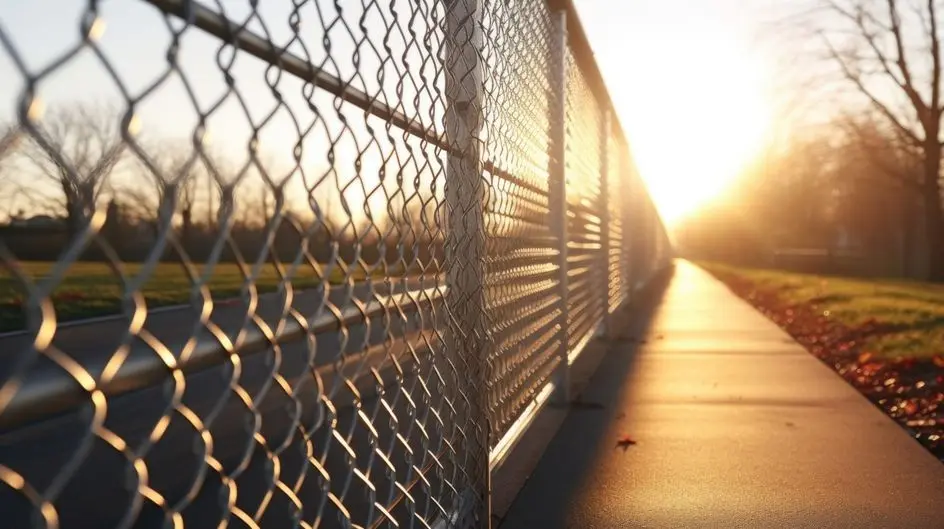 A beautiful sunset with the sun setting behind a chain link fence Perfect for illustrating concepts of freedom barriers and transition | Search Strategy Marketing A beautiful sunset with the sun setting behind a chain link fence.