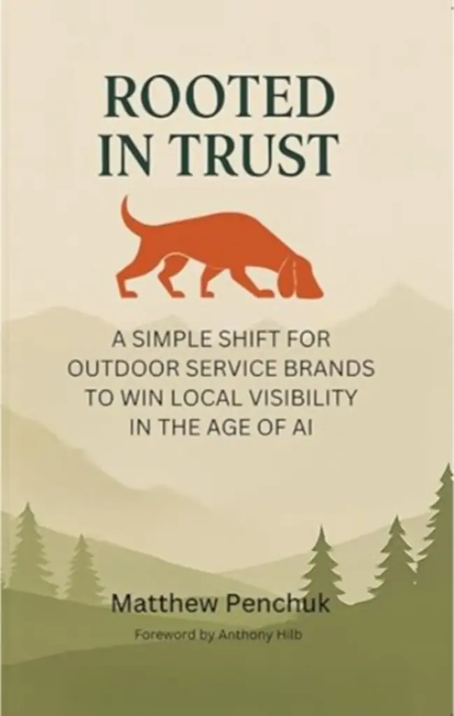 Rooted In Trust Book Cover | Search Strategy Marketing | Search Strategy Marketing Rooted in Trust book cover featuring a rust-orange hound dog and a message about local visibility in the age of AI.