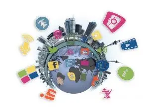 WordpressSEOTips4 | Search Strategy Marketing The globe enveloped in buildings and social media icons.