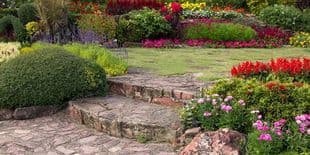Lush Landscaping Design Example | Search Strategy Marketing A vibrant, beautifully landscaped garden with stone steps, lush green grass, and colorful blooming flowers along a stone walkway.