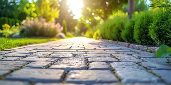 a beautifully paved sunlit path put in place by a landscaper